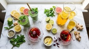 Beverages colorées, fruits frais, herbes et gingembre sur marbre blanc