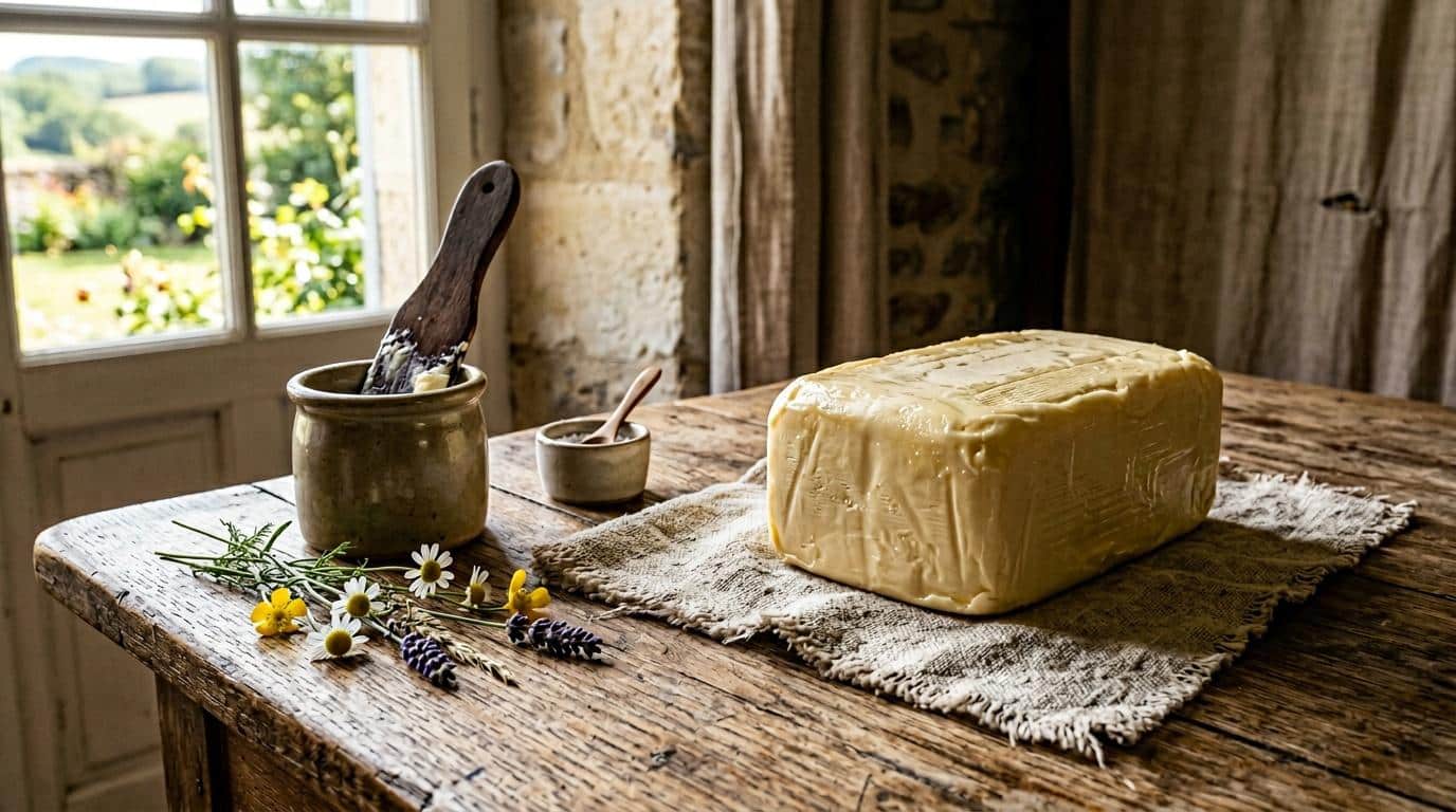 Bloc de beurre, pot de miel et fleurs séchées sur table rustique