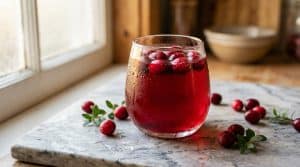 Verre de jus rouge glacé avec cranberries frais