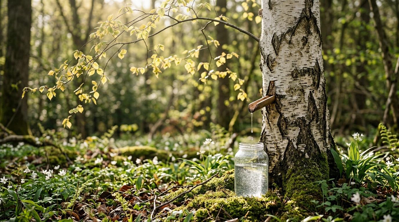 Jar collecting birch sap from tree in forest