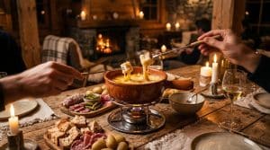 Personnes dégustant une fondue de fromage à la table
