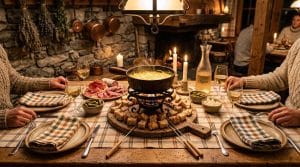 Table conviviale avec fondue, charcuterie et vin blanc allumée.