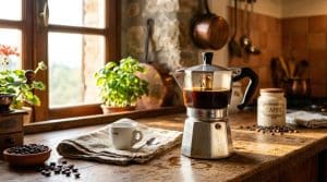 Moka express avec café chaud dans cuisine rustique ensoleillée