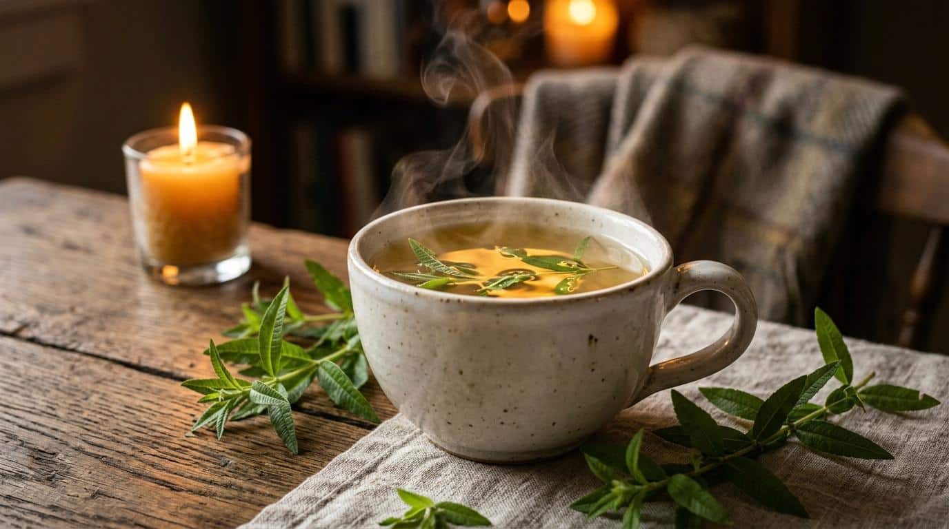 Tasse de thé fumant avec romarin frais et bougie allumée